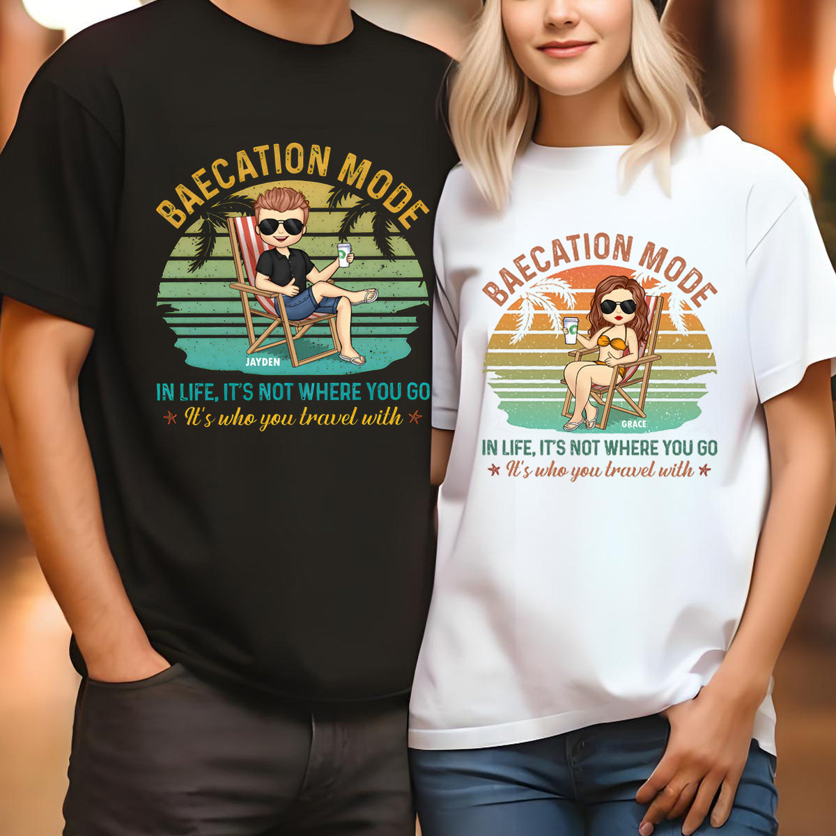It's Not Where You Go, It's Who You Travel With - Personalized Matching Couple T-Shirt - Gift For Couple, Husband Wife, Anniversary, Engagement, Wedding, Marriage Gift