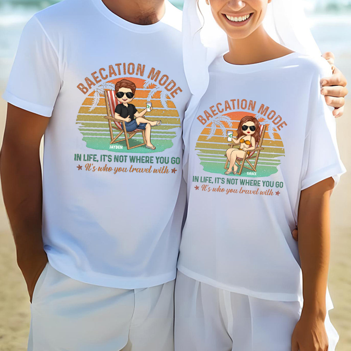 It's Not Where You Go, It's Who You Travel With - Personalized Matching Couple T-Shirt - Gift For Couple, Husband Wife, Anniversary, Engagement, Wedding, Marriage Gift