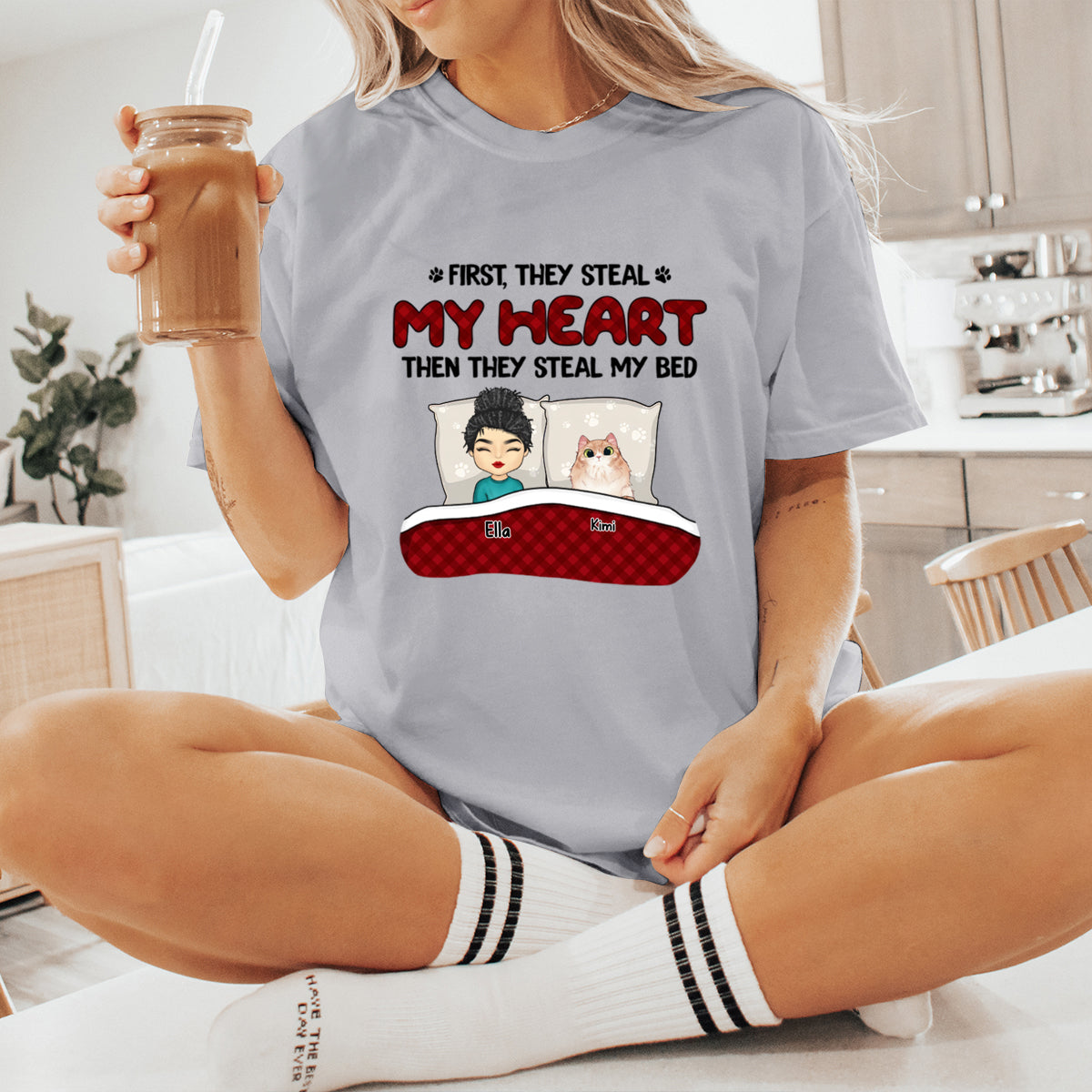 First They Steal My Heart Then They Steal My Bed - Dog & Cat Personalized Custom T-shirt - Gift For Pet Owners, Pet Lovers