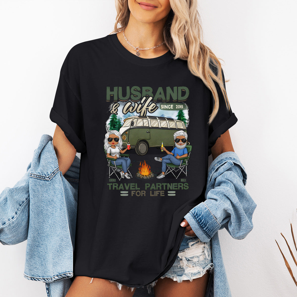 Husband & Wife, Travel Partners For Life - Personalized Matching Couple T-Shirt - Gift For Couple, Husband Wife, Anniversary, Engagement, Wedding, Marriage, Camping Gift