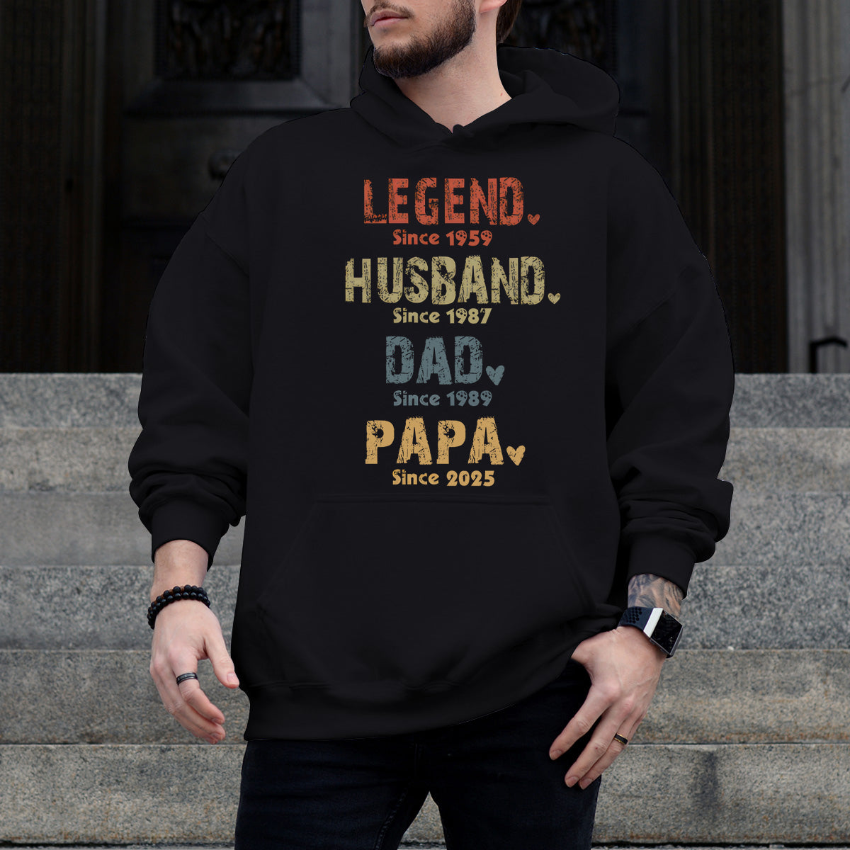 Legend, Husband, Dad And Papa Since - Family Personalized Custom Back Printed Hoodie - Gift For Dad, Grandpa