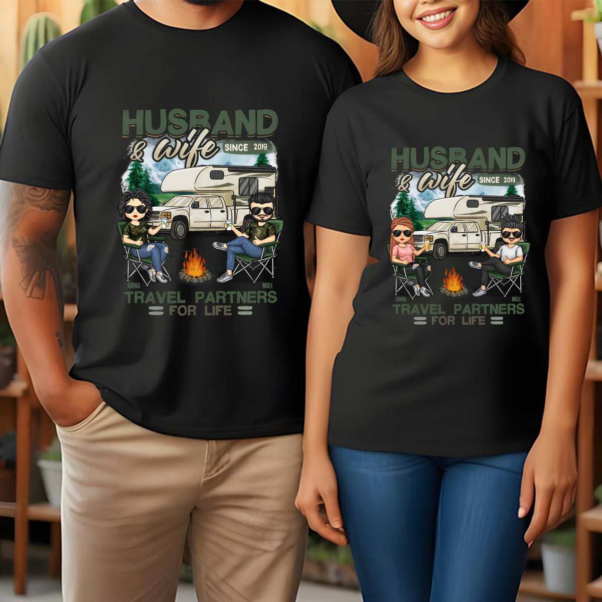 Husband & Wife, Travel Partners For Life - Personalized Matching Couple T-Shirt - Gift For Couple, Husband Wife, Anniversary, Engagement, Wedding, Marriage, Camping Gift